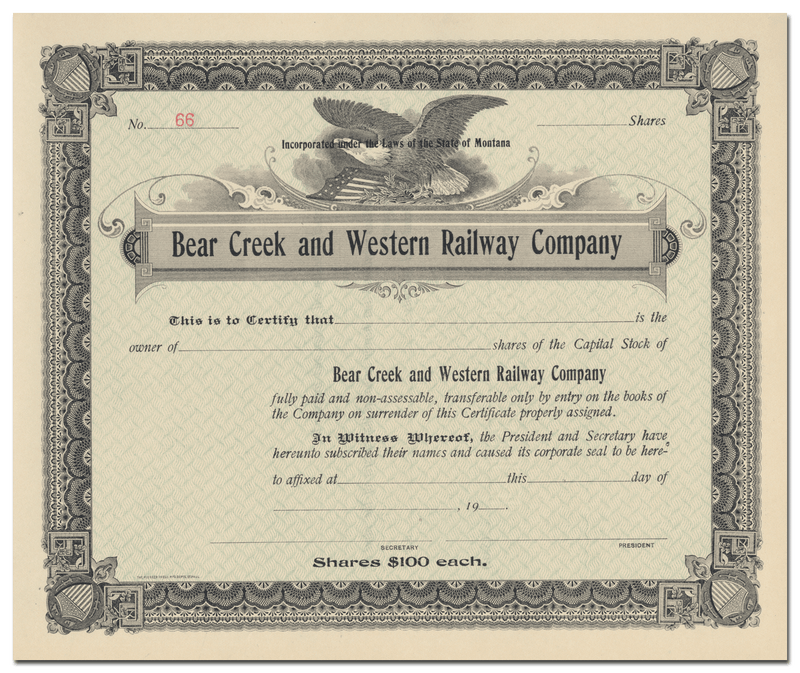 Bear Creek and Western Railway Company Stock Certificate